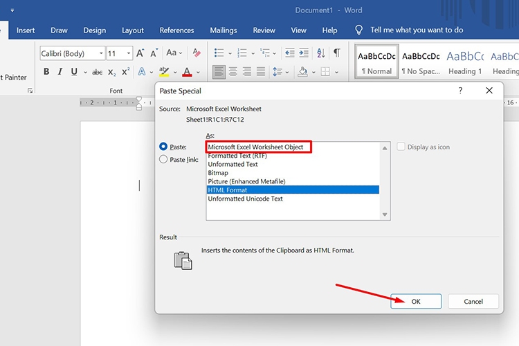 chuyển excel sang word