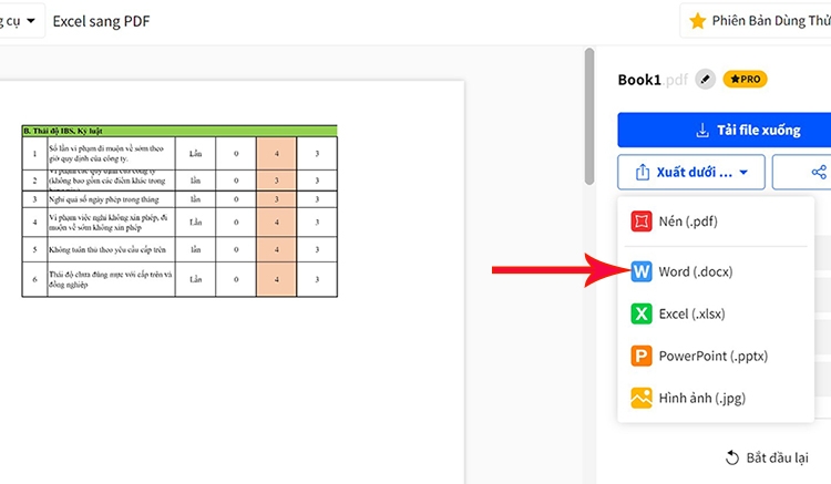 chuyển excel sang word