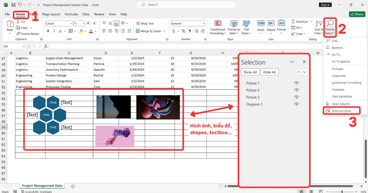 cách kiểm tra tại sao file Excel bị nặng Kiểm tra hình ảnh, biểu đồ, shapes bằng Selection Pane