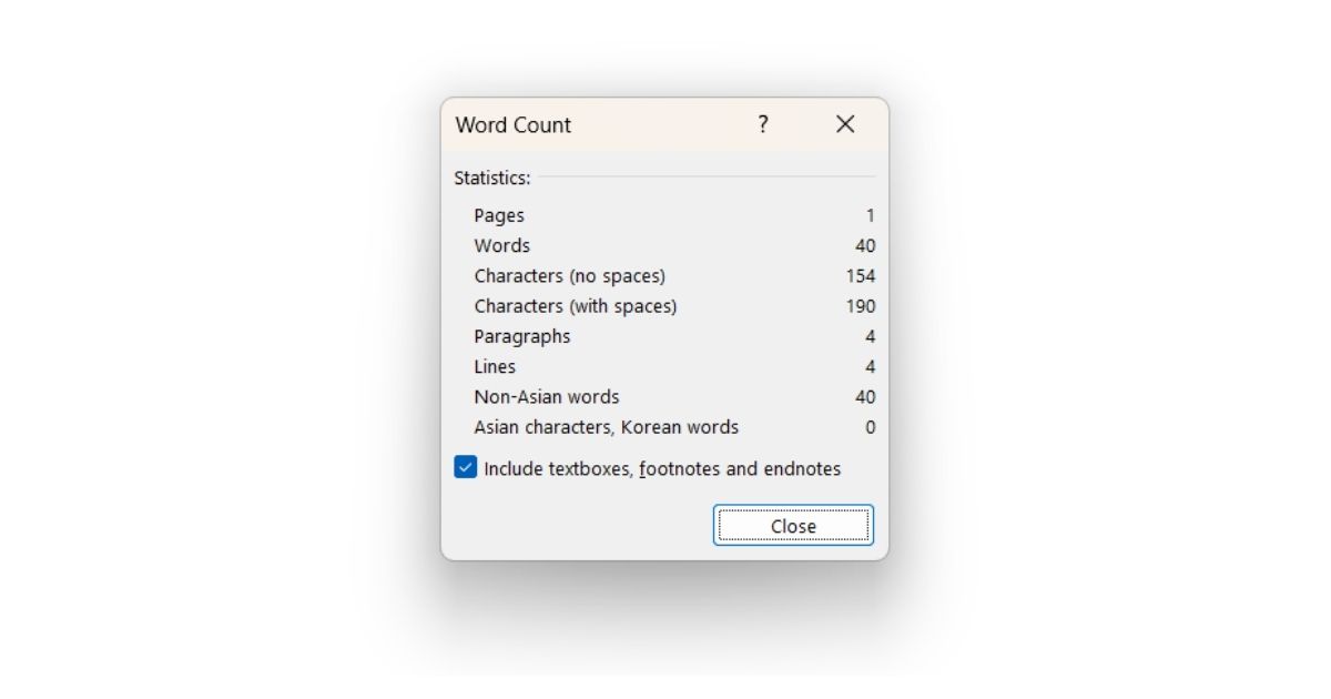 Dùng công cụ Word Count (Ctrl + Shift + G)
