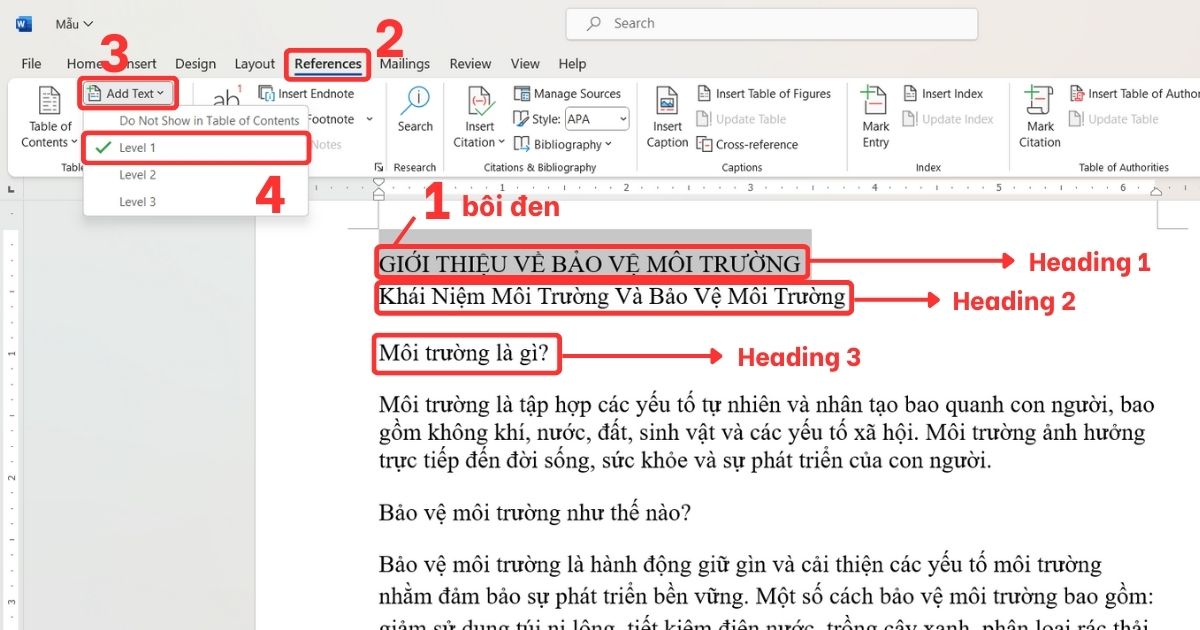 Phân cấp cho tiêu đề trong Word