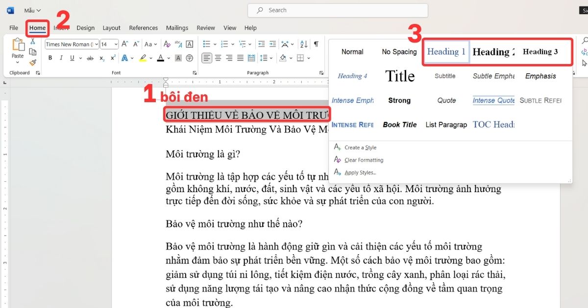 Phân cấp cho tiêu đề trong Word