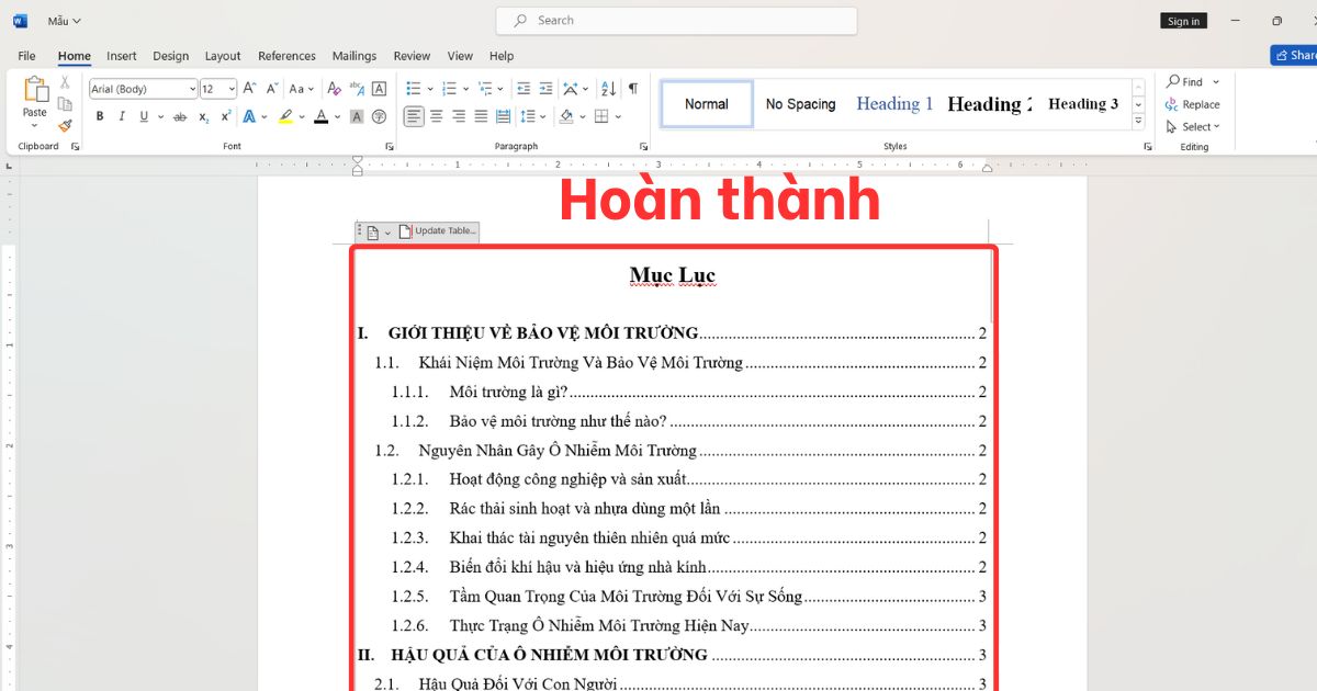 Cách làm mục lục tự động trong Word