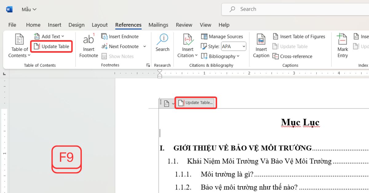 Cập nhật mục lục khi có chỉnh sửa