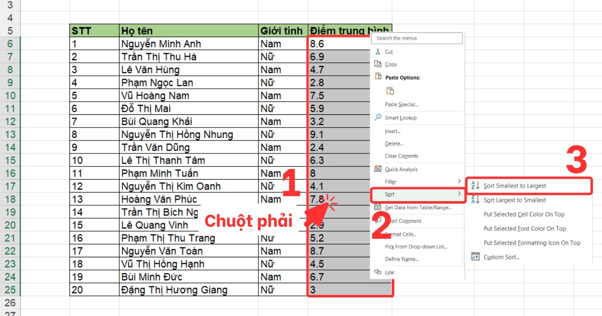 Sắp xếp theo thứ tự tăng dần trong phần mềm Excel