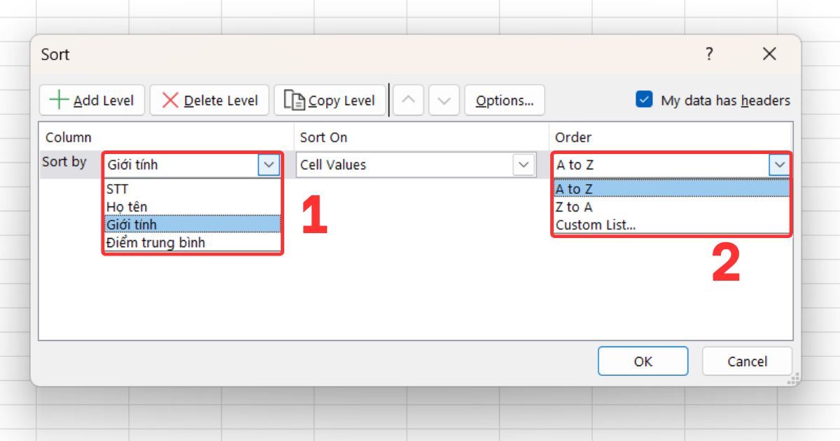 Sắp xếp theo dựa trên nhiều tiêu chí trong Excel