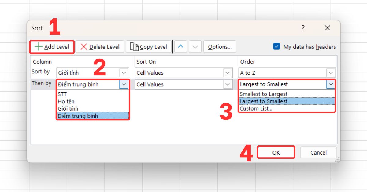 Sắp xếp theo dựa trên nhiều tiêu chí trong Excel