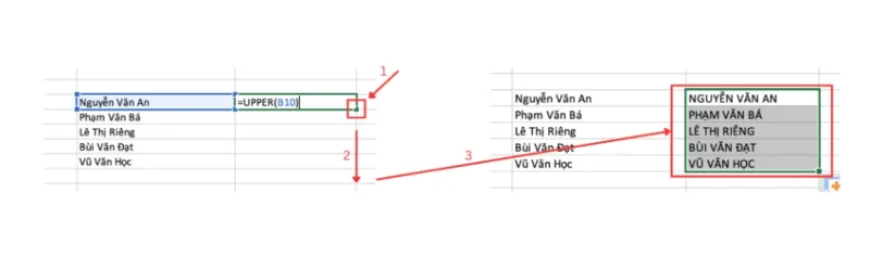 dung ham upper 2 Dùng hàm UPPER - chuyển toàn bộ thành chữ in hoa