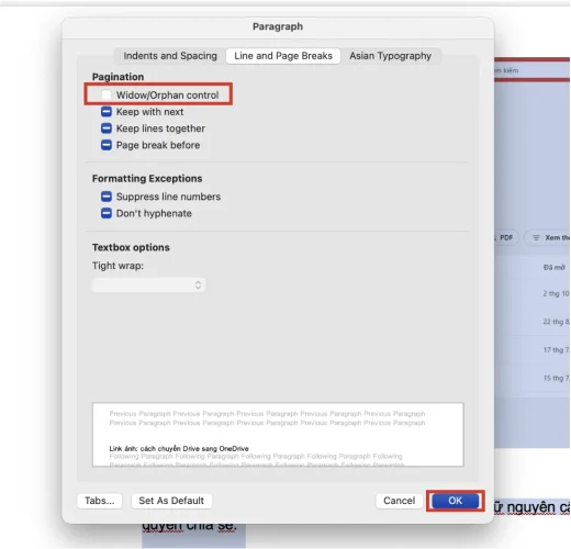 tat widow Orphan control Cách bỏ khoảng trắng trong Word bằng Paragraph Spacing