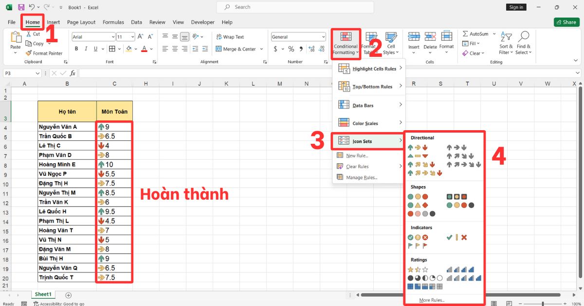 Tô màu có điều kiện trong Excel Icon Sets