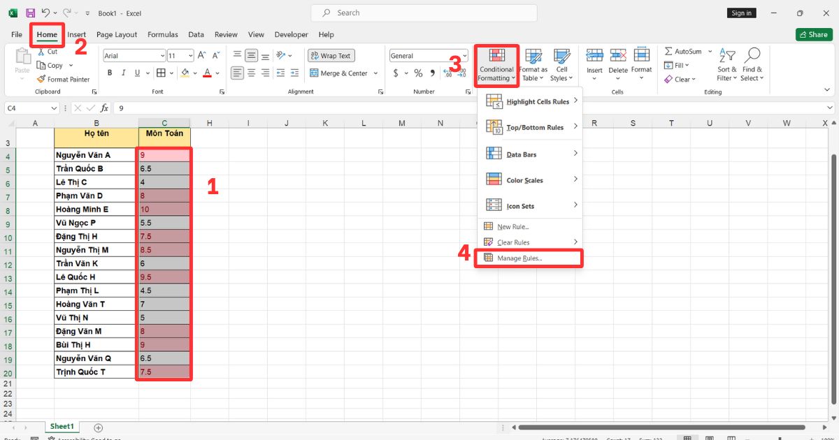 Tô màu có điều kiện trong Excel Quản lý và chỉnh sửa điều kiện