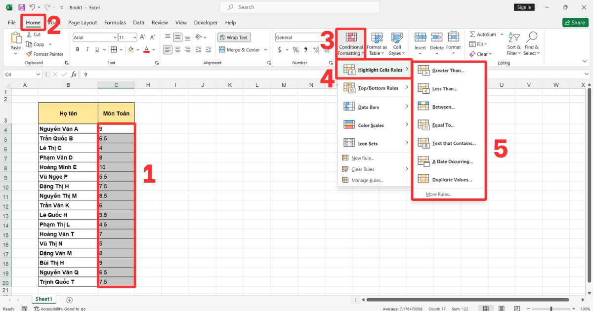 Tô màu có điều kiện trong Excel Highlight Cells Rules