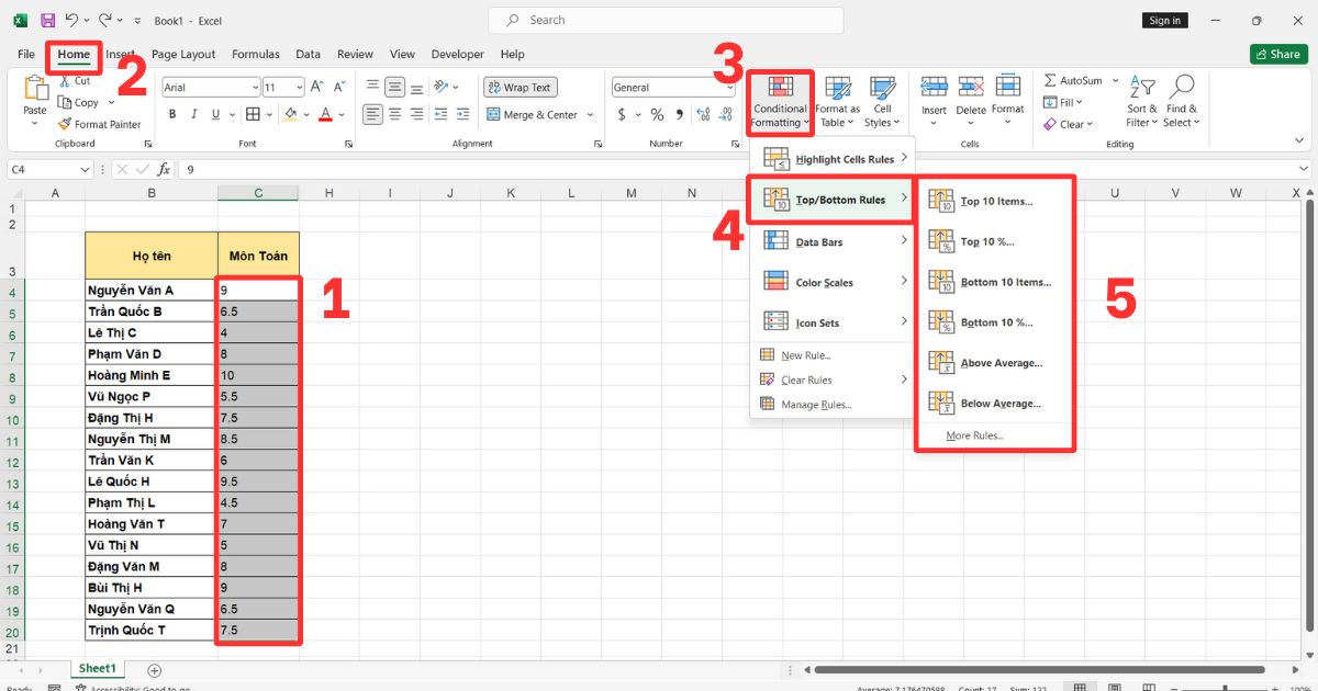 Tô màu có điều kiện trong Excel Highlight Cells Rules