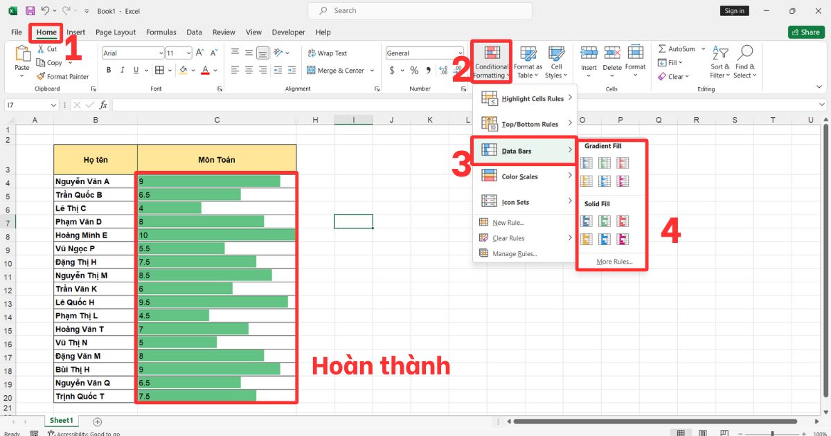 Tô màu có điều kiện trong Excel Data Bars