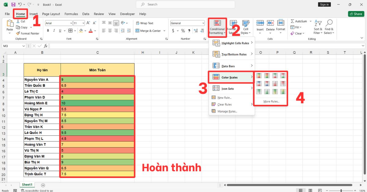 Tô màu có điều kiện trong Excel Color Scales
