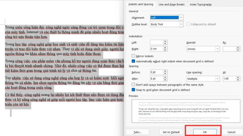 Bỏ thụt đầu dòng bằng Paragraph