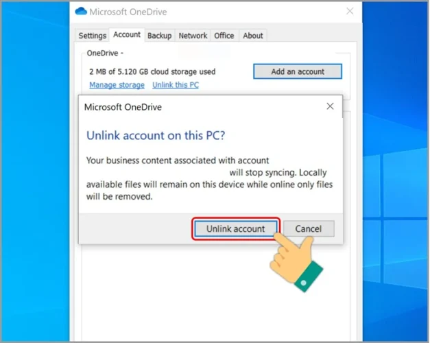 Các bước thực hiện để hủy liên kết OneDrive