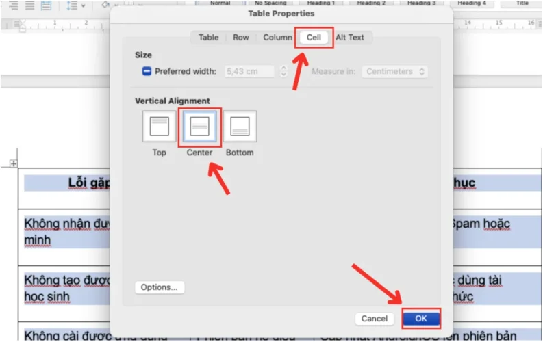 can giua o trong Word bang Table Properties 2 Cách căn giữa ô trong Word bằng tính năng Table Properties