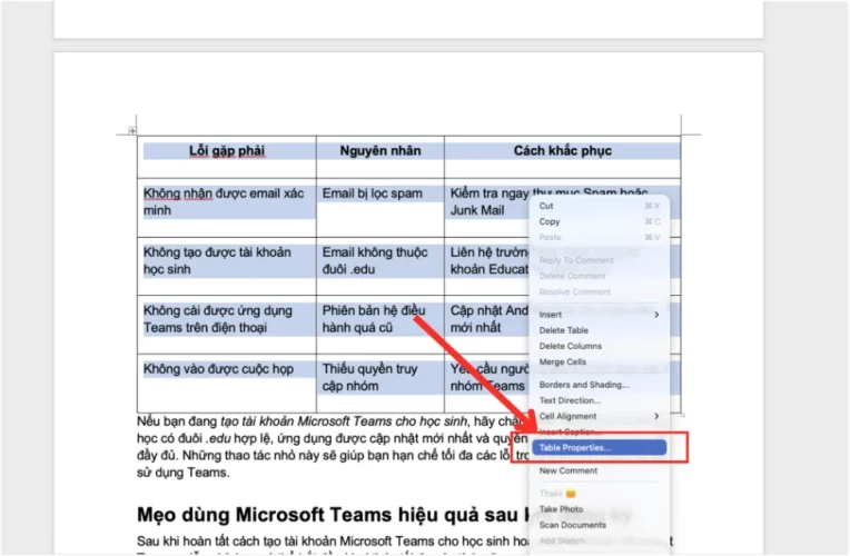 can giua o trong Word bang Table Properties Cách căn giữa ô trong Word bằng tính năng Table Properties