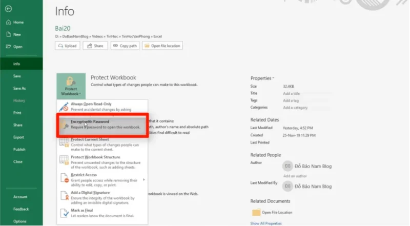 Cách đặt pass cho file Excel 2010 