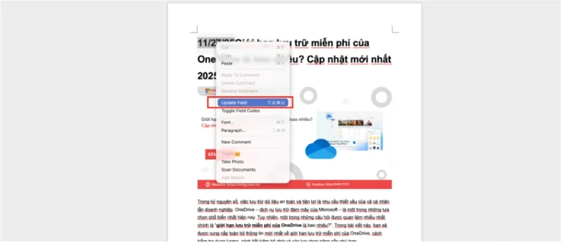 nhan update field Cách tự động cập nhật ngày tháng trong Word