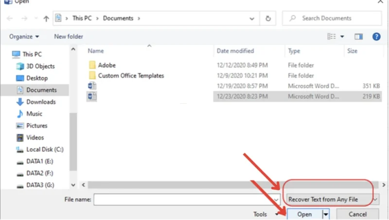 Sử dụng tính năng Recover Text from Any File