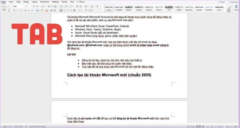 Cách thụt đầu dòng trong Word bằng cách sử dụng phím Tab