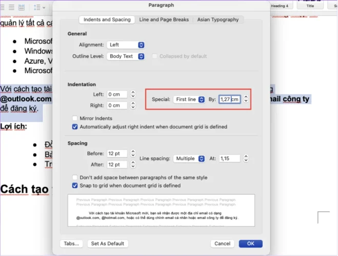 Cách thụt đầu dòng trong Paragraph