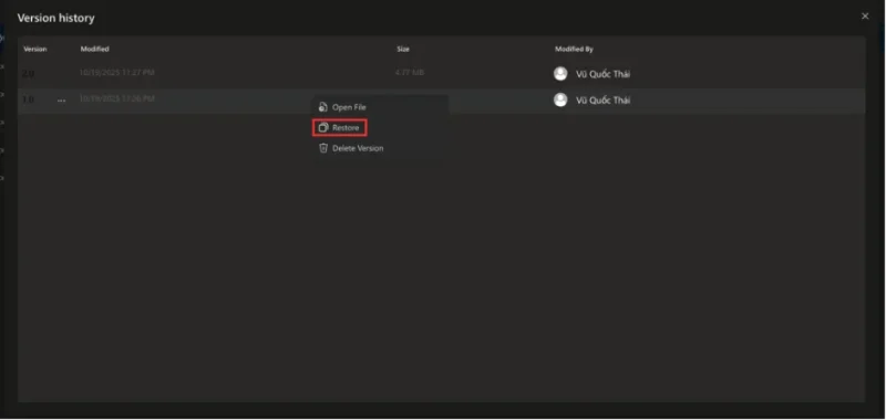 Phục hồi file OneDrive bằng Version History (khôi phục phiên bản cũ)