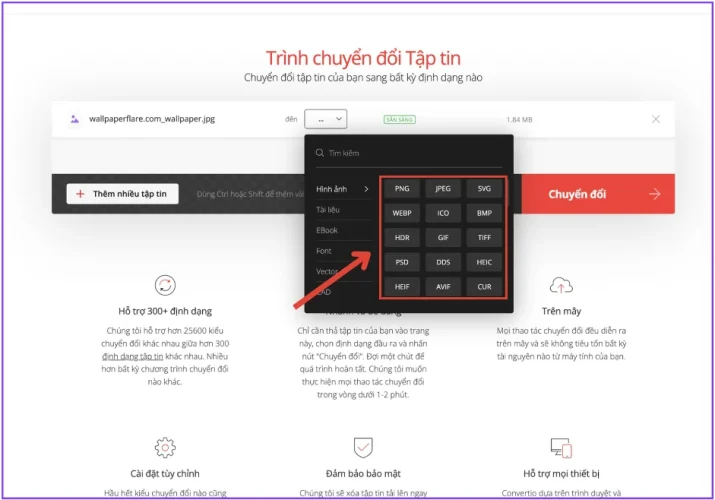 Chuyển ảnh sang định dạng JPG/WebP trước khi chèn