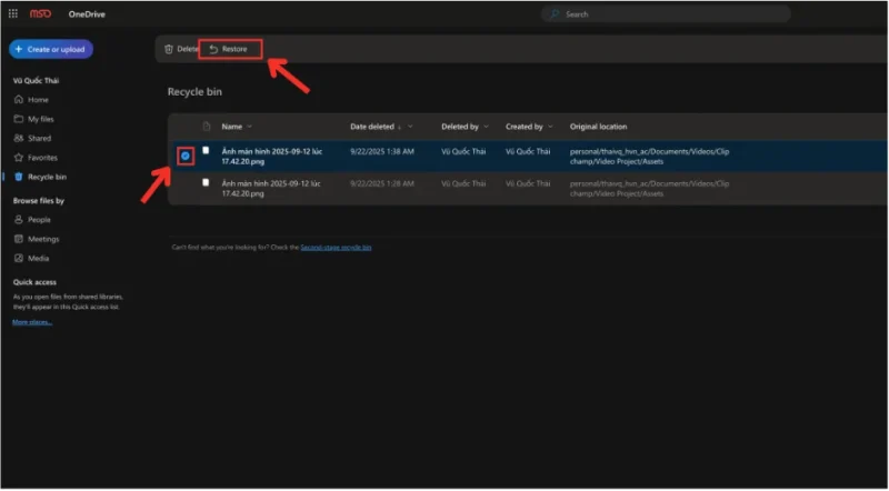 Phục hồi file OneDrive bằng Recycle Bin