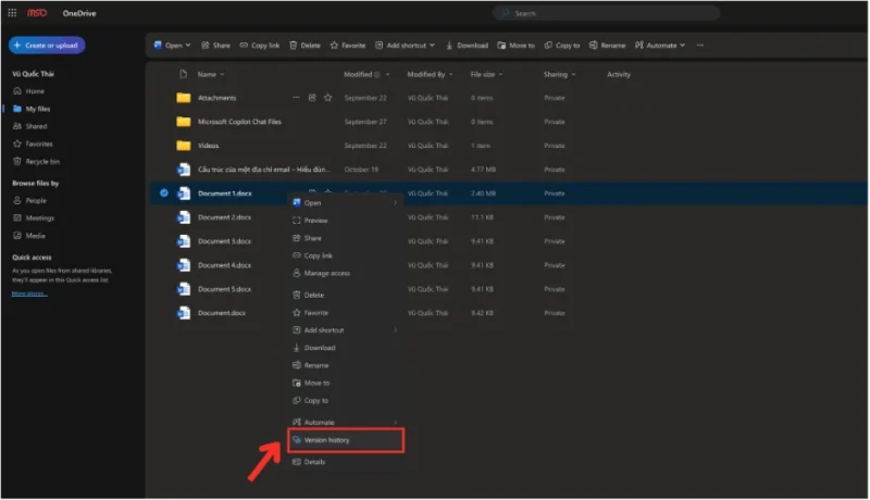 Phục hồi file OneDrive bằng Version History (khôi phục phiên bản cũ)