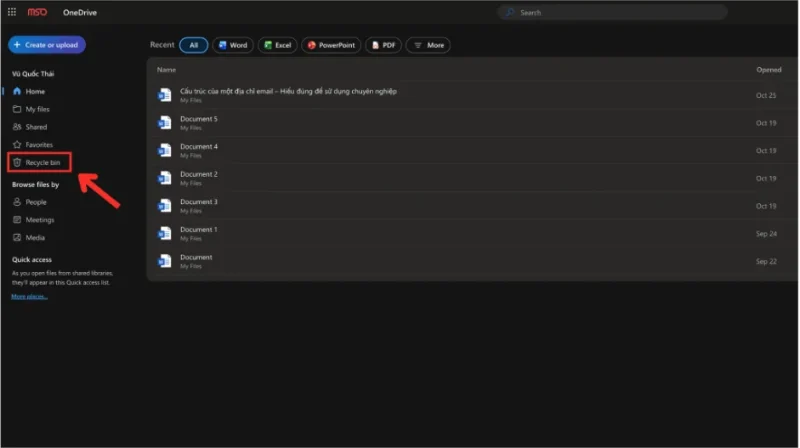 Phục hồi file OneDrive bằng Recycle Bin