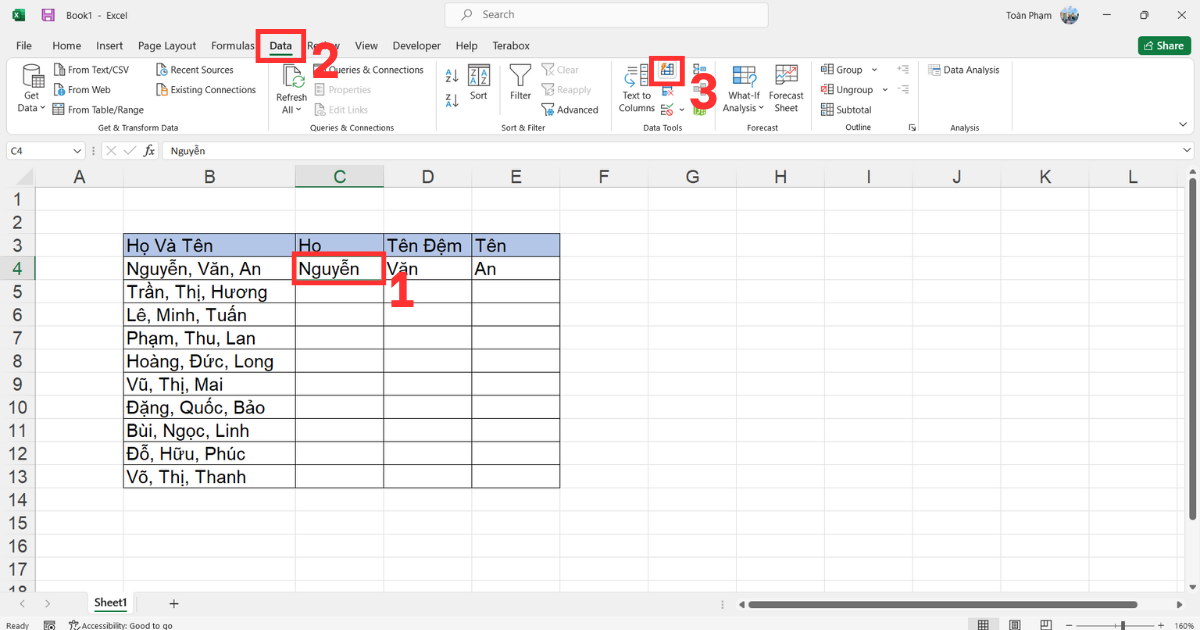 Tách tên trong Excel