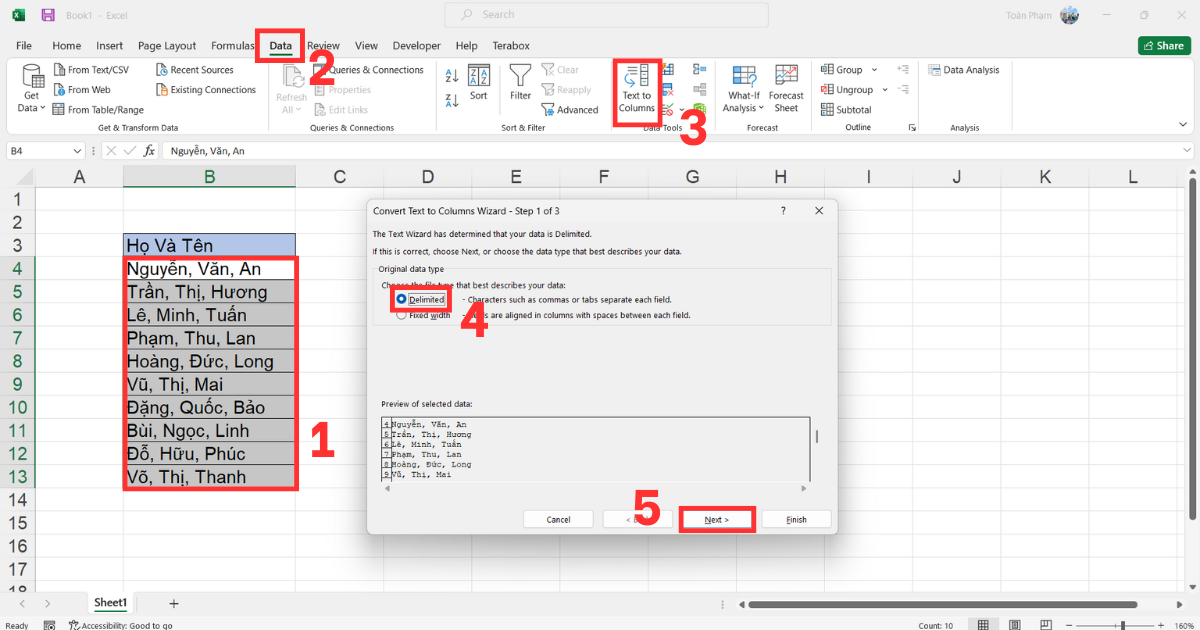 Tách tên trong Excel