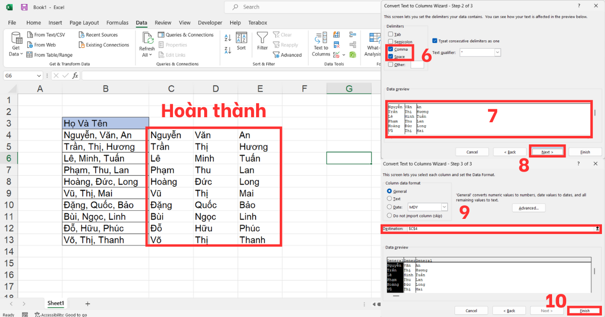 Tách tên trong Excel