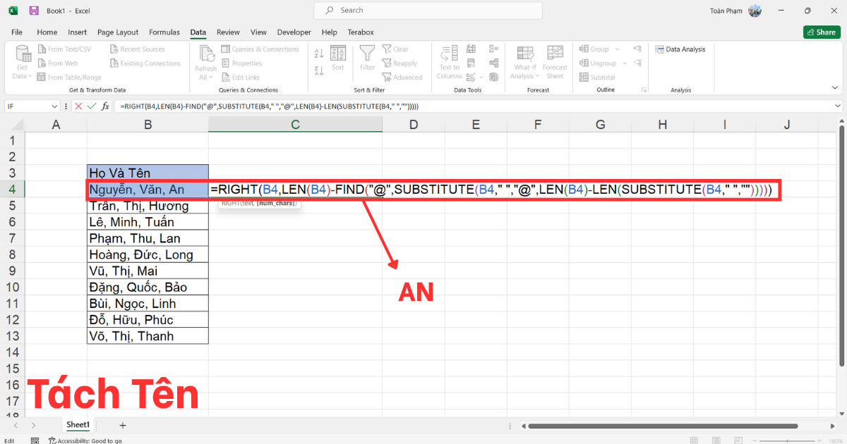 Tách tên trong Excel