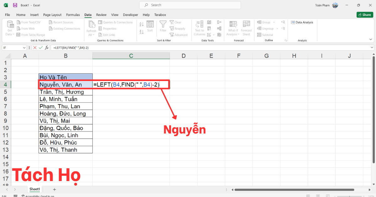 Tách tên trong Excel