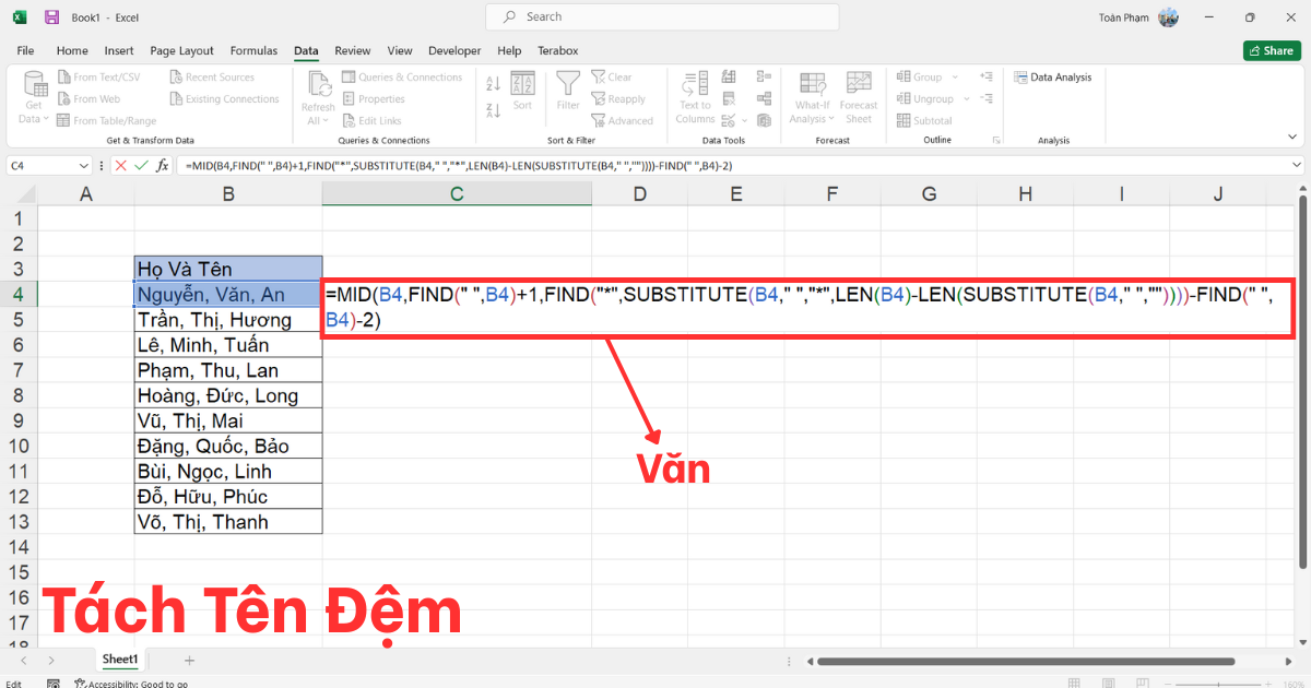 Tách tên trong Excel