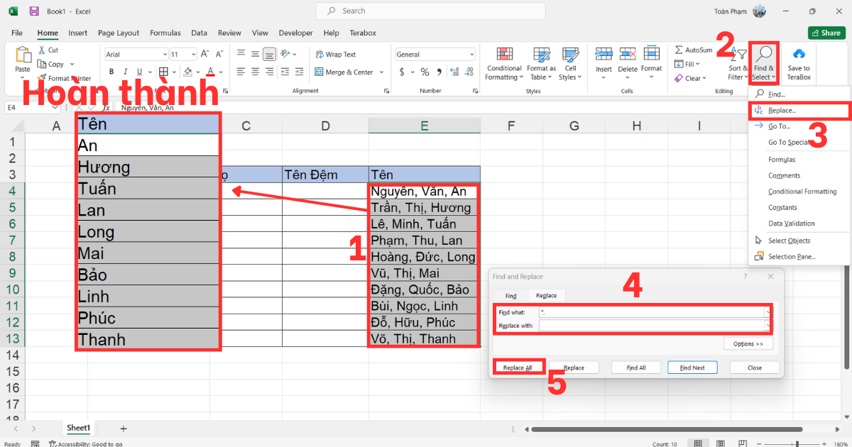 Tách tên trong Excel