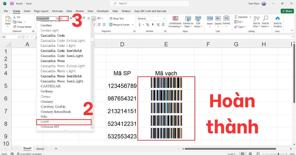 Tạo mã vạch trong Excel