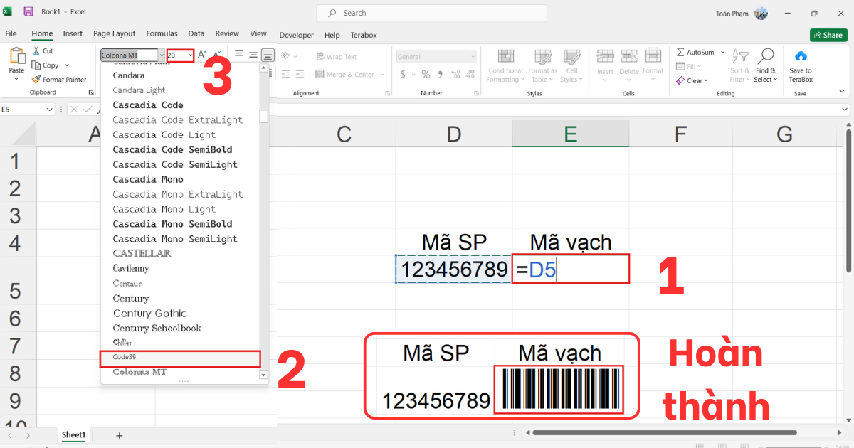 Tạo mã vạch trong Excel