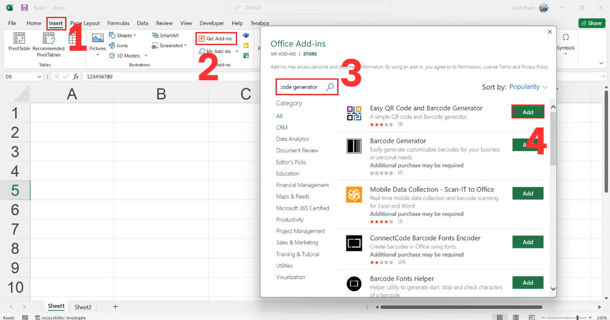 Tạo mã vạch trong Excel