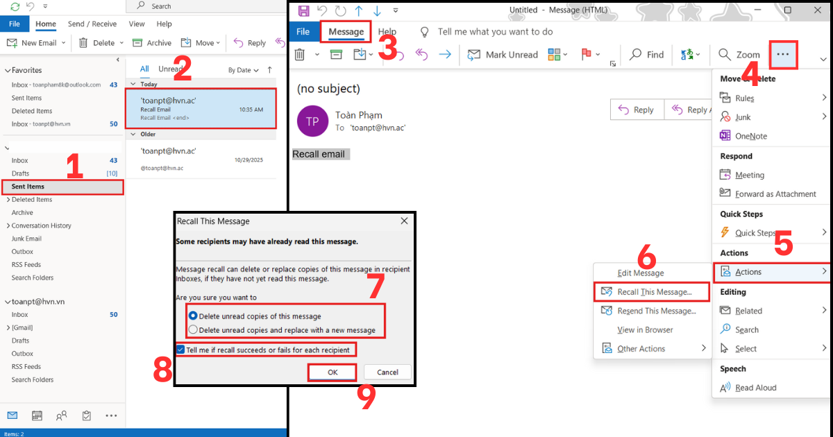Thu hồi email đã gửi trong Outlook