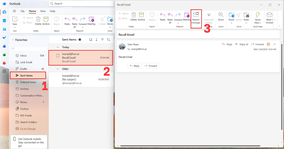 Thu hồi email đã gửi trong Outlook
