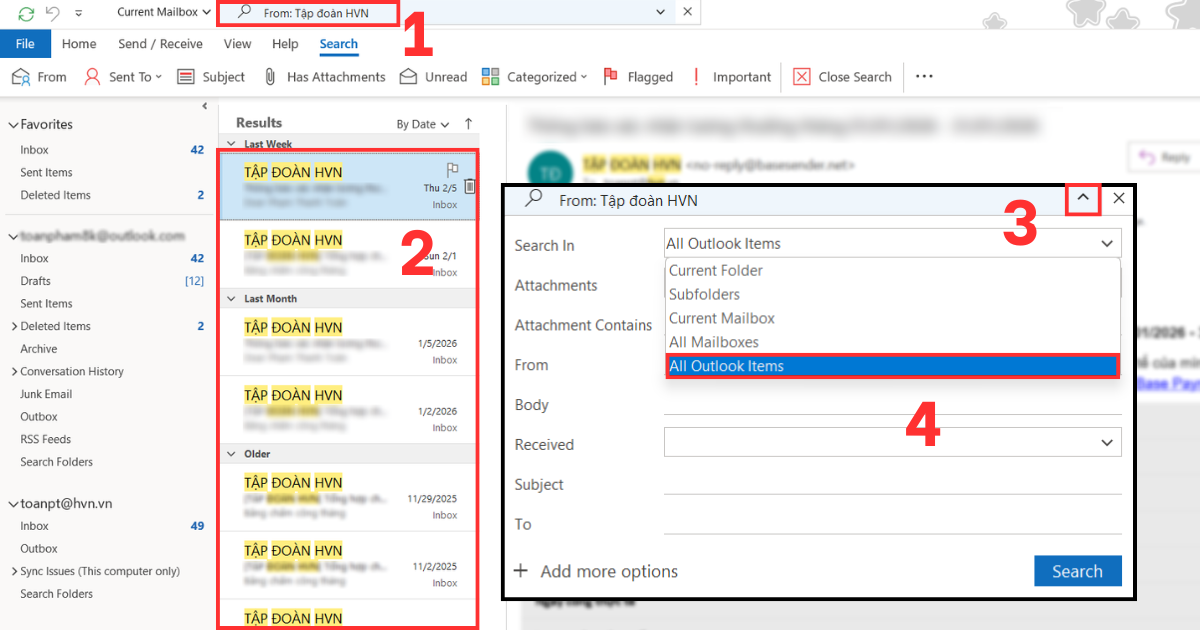 Cách lọc email Outlook theo tên