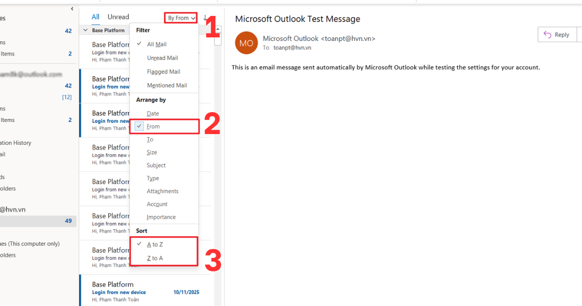 Cách lọc email Outlook theo tên