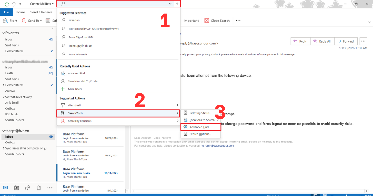 Cách lọc email Outlook theo tên