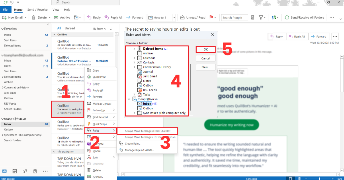 Cách lọc email Outlook theo tên