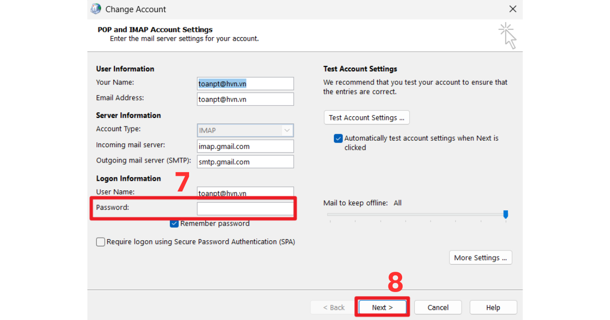 Đổi mật khẩu Gmail trên Outlook